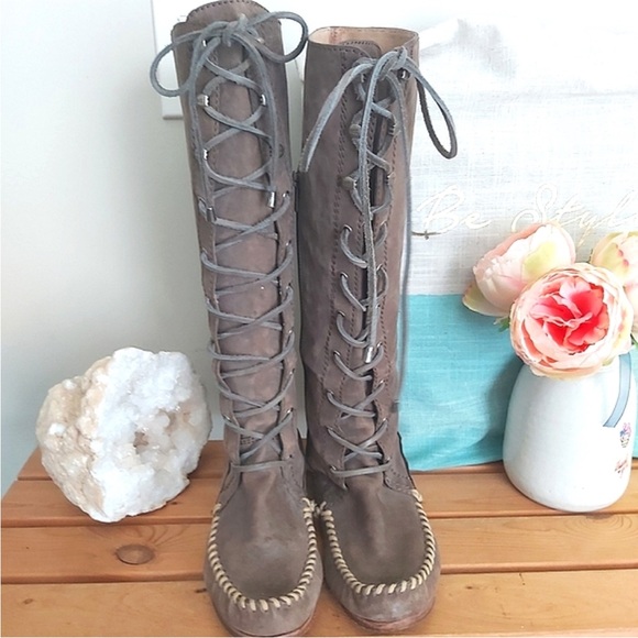 Frye Shoes - Rare Frye tall boots size 7 tan Alex lace taupe leather Moccasins lace up